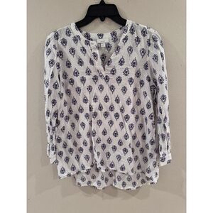 J.Jill Pure Jill White Navy V-Neck Popover Printed Blouse Small Coastal Classic